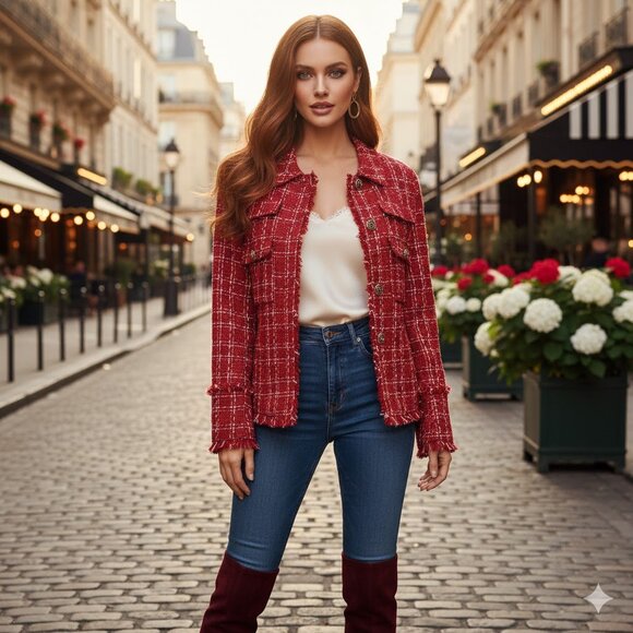 Sugarlips Red Tweed Blazer with Frayed Edges - Picture 1 of 7